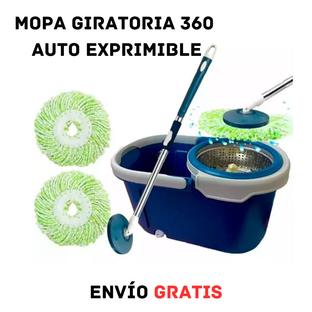 Mopa Giratoria Auto Exprimible🧹 + Balde + Mopa de Repuesto 🎁