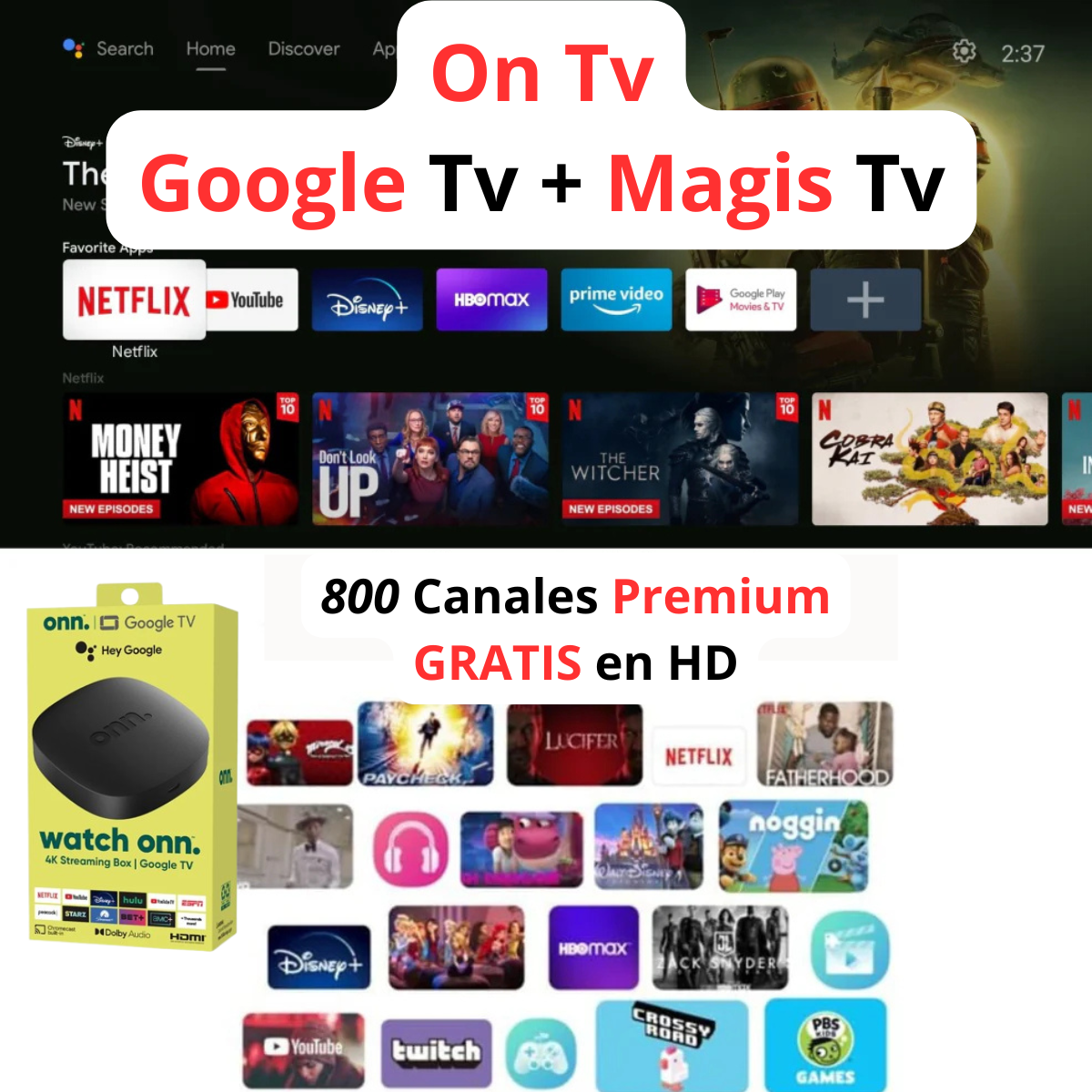 ONN Google TV 📺 - 4K - Streaming 📶+ 800 Canales Gratis en HD